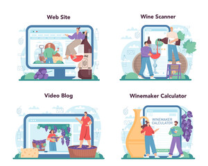 Wine maker online service or platform set. Grape wine in a barrel