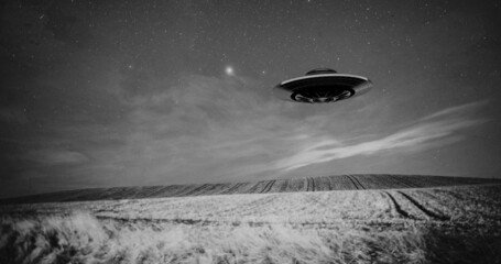 Ufo SHIP over a meadow in the countryside - 3d illustration