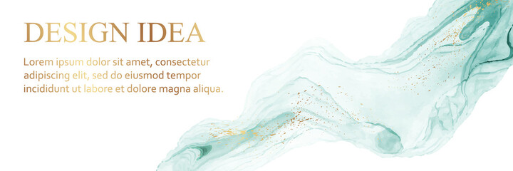 Modern watercolor background or elegant card design or banner or header with abstract teal ink waves and golden splashes on a white.