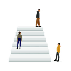 Male character and female characters on the stairs and near the stairs on a white background