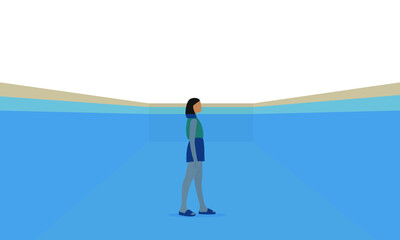 Young female character in clothes stands in a pool of water