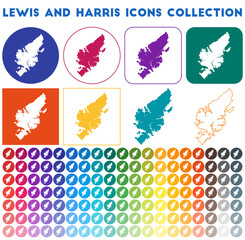 Fototapeta na wymiar Lewis and Harris icons collection. Bright colourful trendy map icons. Modern Lewis and Harris badge with island map. Vector illustration.