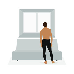 Male character in underpants stands near the sofa and looks out the window on a white background