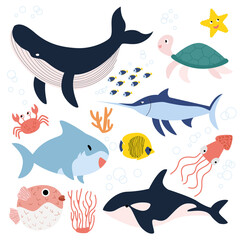 Vector set of fish: octopus, hedgehog fish, sawfish, exotic fish, killer whale, whale, crab, shark.  Marine life and animals swim in the ocean on a white background. Vector sea underwater illustration