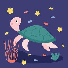 Funny amusing sea turtle isolated on a blue background with starfish and corals.  Cheerful marine reptile, underwater world, sea creature.  Flat vector illustration.
