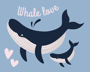 Two cute playful whales - mother and child, swim together in the blue sea ocean.  Family of sperm whales, funny sea fish, a creature of the sea world.  Flat cartoon colorful vector illustration.