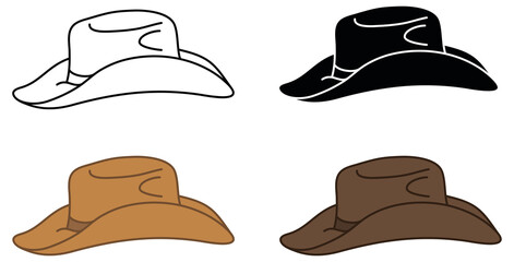 Cowboy Hat From the Side Profile Clipart Set - Outline, Silhouette and Color