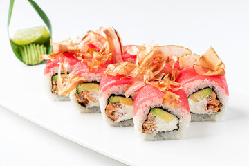 tasy sushi on the white background