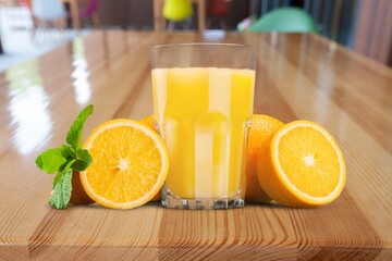 Orange juice and slices of orange on wooden desk © BillionPhotos.com