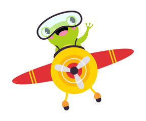 Obraz na płótnie Canvas Cute Green Frog with Goggles Flying on Airplane with Propeller Vector Illustration