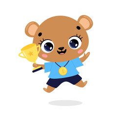 Cute cartoon flat doodle animals sport winners with gold medal and cup. Bear sport winner