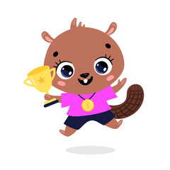 Cute cartoon flat doodle animals sport winners with gold medal and cup. Beaver sport winner