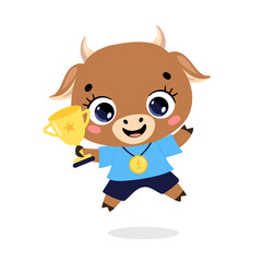 Cute cartoon flat doodle animals sport winners with gold medal and cup. Cow bull sport winner