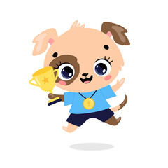 Cute cartoon flat doodle animals sport winners with gold medal and cup. Dog sport winner