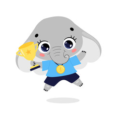 Cute cartoon flat doodle animals sport winners with gold medal and cup. Elephant sport winner