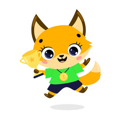 Cute cartoon flat doodle animals sport winners with gold medal and cup. Fox sport winner