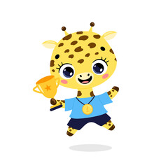 Cute cartoon flat doodle animals sport winners with gold medal and cup. Giraffe sport winner