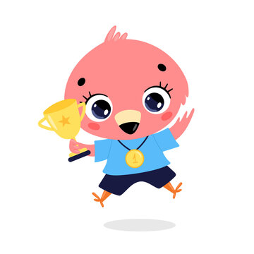 Cute cartoon flat doodle animals sport winners with gold medal and cup. Flamingo sport winner
