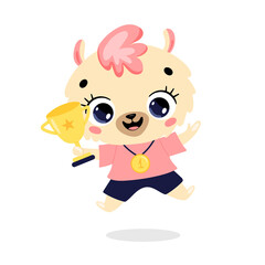 Cute cartoon flat doodle animals sport winners with gold medal and cup. Llama sport winner
