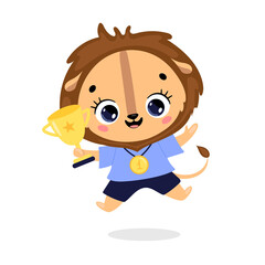 Cute cartoon flat doodle animals sport winners with gold medal and cup. Lion sport winner