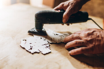 Woodworking carpenter furniture hand cuting.Man factory industry manufacturer, working workshop, maker construction. Skills artisan workshop factory