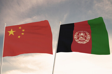 Flags of Afghanistan and China waving with cloudy blue sky background, 3D redering.