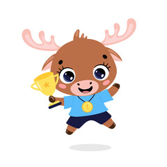 Cute cartoon flat doodle animals sport winners with gold medal and cup. Moose sport winner
