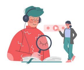 Podcast or Spoken Episodic Serie Listening with Man and Woman Character with Headphones Pressing Play Button and Reading Book Vector Illustration