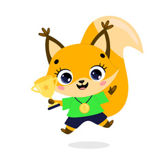Cute cartoon flat doodle animals sport winners with gold medal and cup. Squirrel sport winner