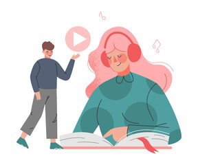 Podcast or Spoken Episodic Serie Listening with Man and Woman Character with Headphones Pressing Play Button and Reading Book Vector Illustration