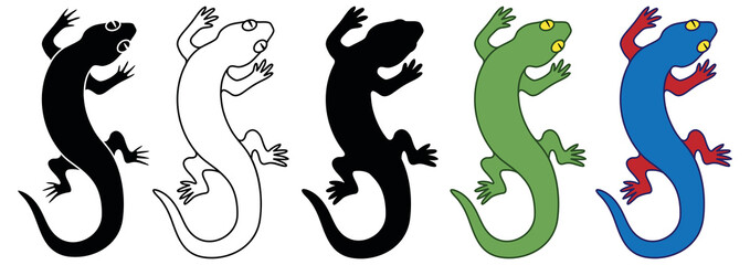 Lizard Clipart Set - Outline, Silhouette and Colored