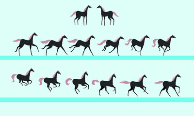Horse running animation. Twelve key positions of horse running. Vector illustration isolated on white background.
