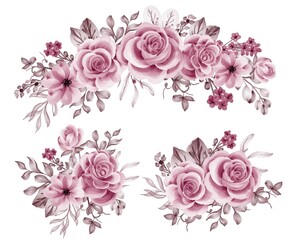 watercolor set of flower arrangement with rose pink gold