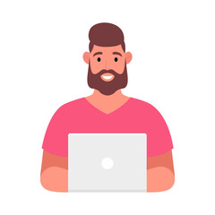 Bearded man in a pink t-shirt working on the laptop computer. Freelance job concept. Vector illustration.
