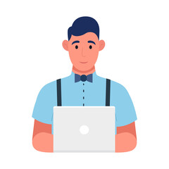 Young programmer at work, web development concept. Freelancer is programming code. Use for web, infographics. Vector illustration.