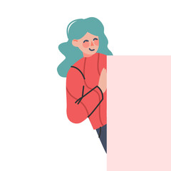 Smiling Woman Looking Out from Behind the Corner Vector Illustration