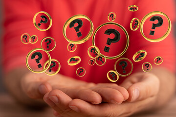 Businessman solving problem with digital question marks 3D rendering