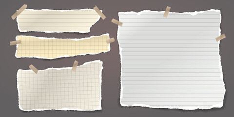 Set of torn white and yellow note, notebook paper stripes are on dark grey background for text, advertising or design. Vector illustration
