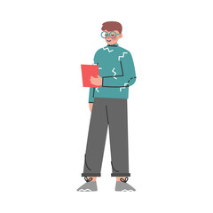 Young Man in Glasses Standing with Tablet PC Listening to Podcast Vector Illustration