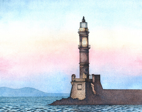 watercolor and graphic image of the lighthouse on the background of the sunset