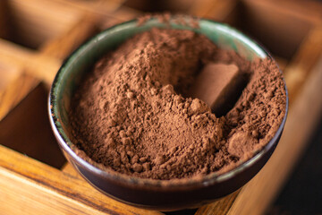 chocolate truffle candies in cocoa powder natural chocolate butter dessert sweets meal snack on the table copy space food background rustic. top view