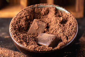 chocolate truffle candies in cocoa powder natural chocolate butter dessert sweets meal snack on the table copy space food background rustic. top view