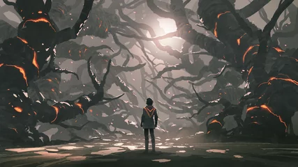 Türaufkleber Der Mann, der auf einer Straße voller böser Bäume steht, digitaler Kunststil, Illustrationsmalerei © grandfailure