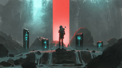 man standing at the sacred stones and looking at the red light in front of him, digital art style, illustration painting © grandfailure