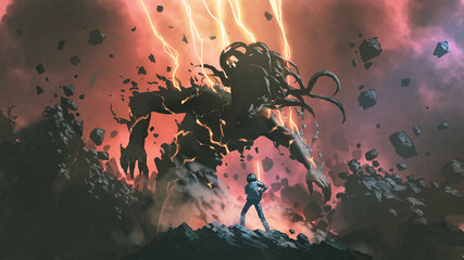 a boy with a sword fighting an evil giant, digital art style, illustration painting © grandfailure