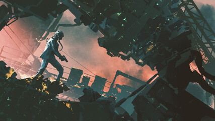 a futuristic man holding a gun in destroyed city, digital art style, illustration painting © grandfailure
