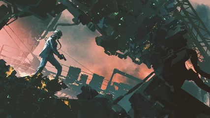 Fotobehang een futuristische man met een pistool in de verwoeste stad, digitale kunststijl, illustratie, schilderkunst © grandfailure