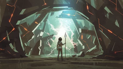  kind met speer staande in een grot vol met vele futuristische stenen blokken, digitale kunststijl, illustratie schilderij © grandfailure