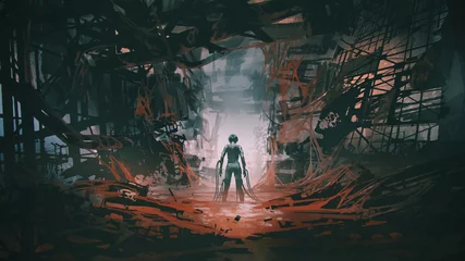 Photo sur Plexiglas Grand échec femme futuriste avec de nombreux câbles reliant son corps debout dans un bâtiment abandonné plein de boue rouge, style art numérique, peinture d& 39 illustration