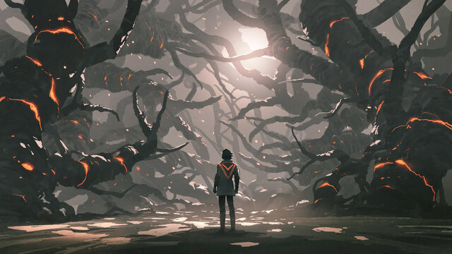 Fototapeta The man standing in a road full of evil trees, digital art style, illustration painting